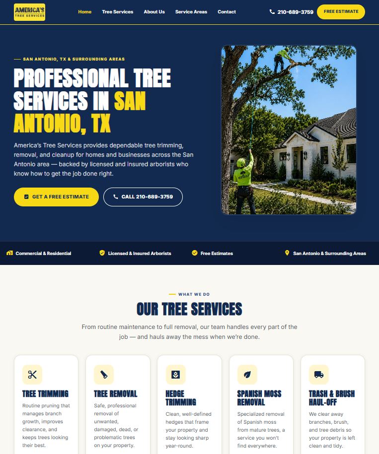 Screenshot of the America's Tree Services website homepage, a San Antonio tree service company
